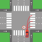 Start the turn in the far-right lane. If safe, you may end the turn in any lane. 