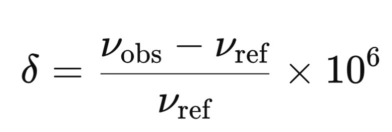 <ul><li><p><em><span>v</span></em><sub><span>obs</span></sub><span></span> = observed resonance frequency of sample nuclei</p></li><li><p><em><span>v</span></em><sub><span>ref </span></sub><span></span> = resonance frequency of the <strong>reference compound (<mark data-color="green" style="background-color: green; color: inherit;">TMS</mark>)</strong></p></li><li><p>The factor of <span>x10</span><sup><span>6</span></sup> converts this ratio into <strong>parts per million (ppm)</strong> — which is the chemical shift scale</p></li></ul><p></p>