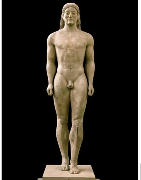 <p>Period: Archaic c.530 B.C.E.</p><p>Form: Marble statue</p><p>Function: Funerary; welcomes mourners</p><p>Content: Man stands with an archaic smile, left leg forward. Better proportions. Perfect form. Rounder, softer.</p>