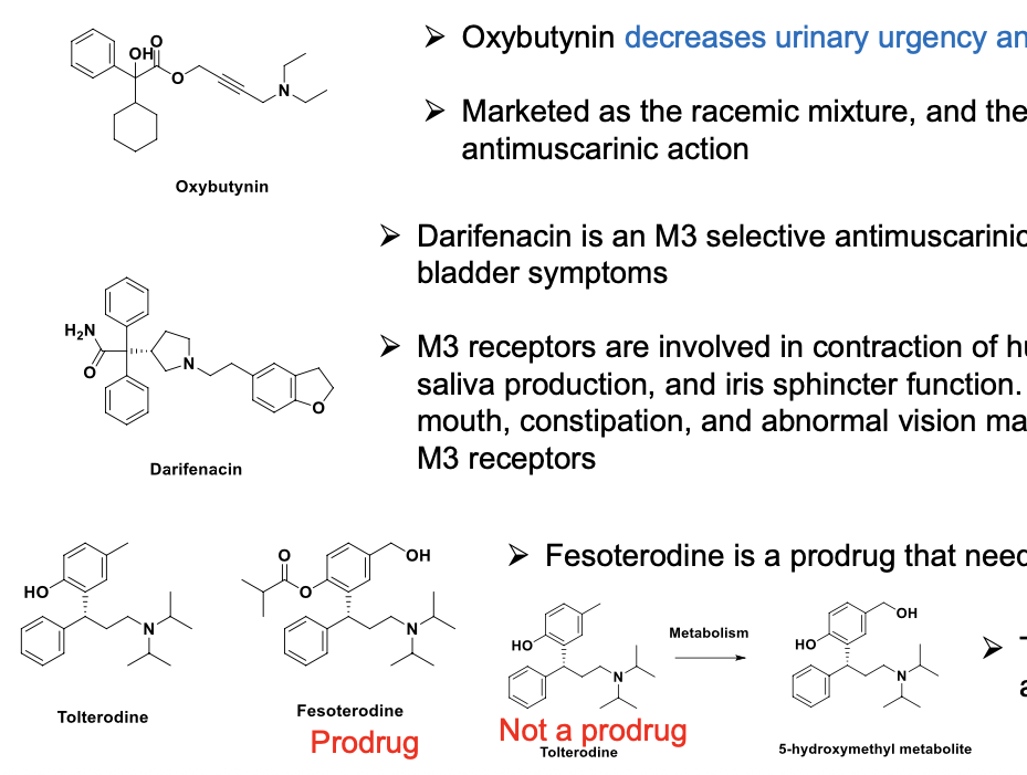 <ul><li><p>oxybutynin <strong>decreases urinary urgency and frequency</strong></p></li><li><p>marketed as the racemic mixture and the R-isomer is responsible for the anti-muscarinic action</p></li><li><p>darifenacin is an M3 selective anti-muscarinic that acts quickly to improve overactive bladder symptoms</p></li><li><p>M3 receptors are involved in contraction of human bladder and GI smooth muscle, saliva production and iris sphincter function. adverse drug effects such as dry mouth, constipation and abnormal vision may be mediated thru antagonism of M3 receptors</p></li><li><p>fesoterodine = pro-drug that needs to be hydrolyzed to active form</p><ul><li><p>5-hydroxymethyl metabolite is active as tolterodine</p></li></ul></li></ul><p></p>