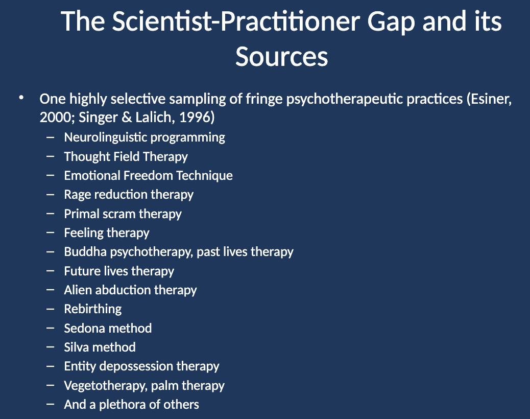 <p>A highly selective sampling identified various fringe psychotherapeutic practices, including:</p><ul><li><p class="">Neurolinguistic programming</p></li><li><p class="">Thought Field Therapy</p></li><li><p class="">Emotional Freedom Technique</p></li><li><p class="">Rage reduction therapy</p></li><li><p class="">Primal scream therapy</p></li><li><p class="">Feeling therapy</p></li><li><p class="">Buddha psychotherapy, past lives therapy</p></li><li><p class="">Future lives therapy</p></li><li><p class="">Alien abduction therapy</p></li><li><p class="">Rebirthing</p></li><li><p class="">Sedona method</p></li><li><p class="">Silva method</p></li><li><p class="">Entity depossession therapy</p></li><li><p class="">Vegetotherapy</p></li><li><p class="">Palm therapy</p></li><li><p class="">And many others.</p></li></ul><p></p>