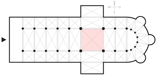 <p>where the transept intersects the main body of the church</p>