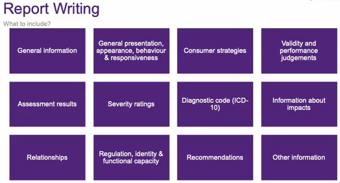 <p>provide person-appropriate results to the consumer (e.g. provide a visual for a child, etc.)</p><p>differences to other report writing include gender identity, mental health diagnosis, and medications</p><p>as always, consider the reader’s health literacy and reading skills (use accessible language, etc.)</p><p>consider consent about who is allowed to view the report</p><p>consider easy read language, highlighting information, include a visual, highlight priorities, consider colour-blindness</p>