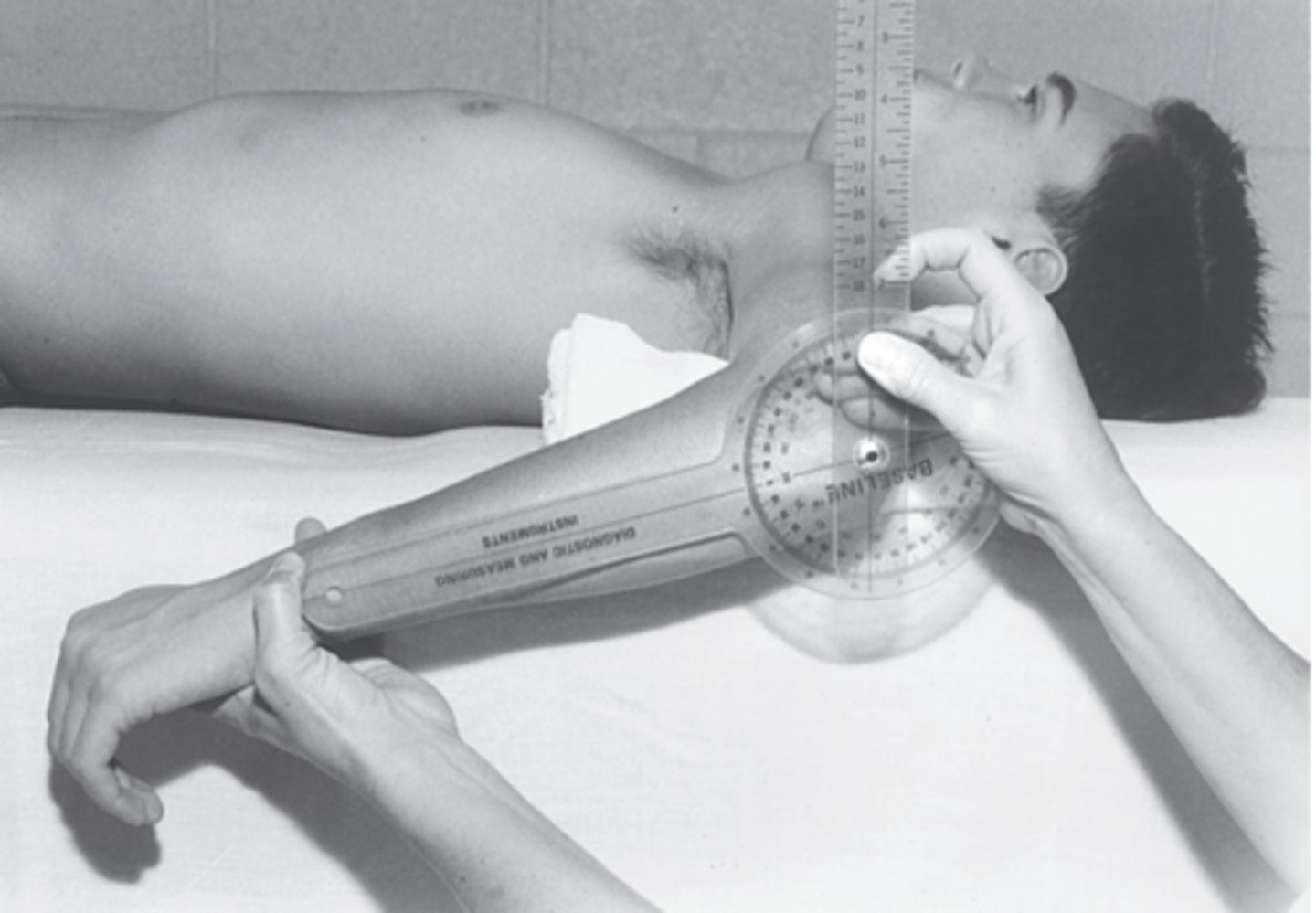 <p>(Transv pl/vertical ax)</p><p>Testing Position: supine, arm 90 degree, place forearm in perpendicular to supporting surface, humerus on table with towel supporting, elbow off table</p><p>Stabilize: start at distal end of humerus + wrist, thorax</p><p>Goni: (start together)</p><p>- Fulcrum: olecranon process</p><p>- Proximal arm: perpendicular to floor</p><p>- Distal arm: along ulna, olecranon + styloid as reference</p><p>Normal: 70-90? </p><p>End feel: firm (tension in posterior joint capusule, teres m, infra) </p>