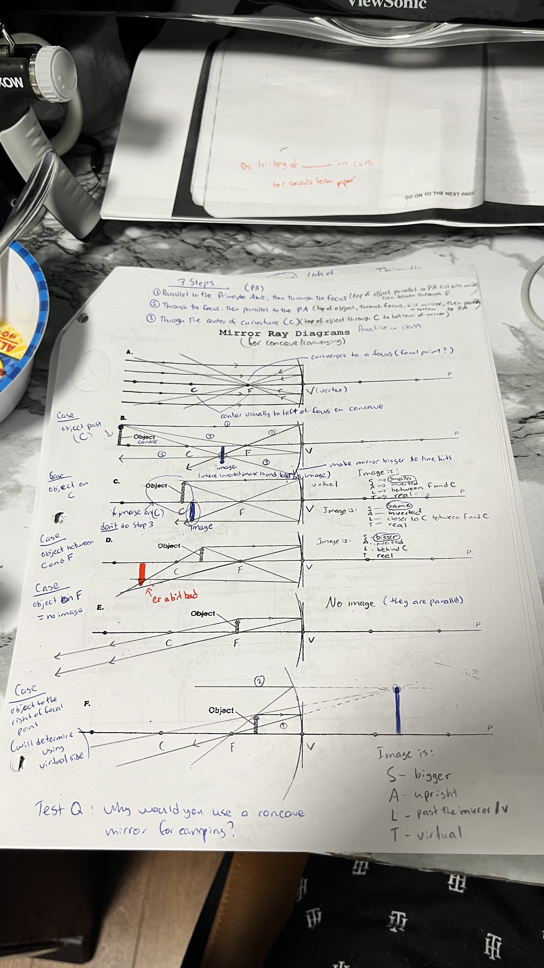 <ul><li><p><strong><u>Think of C as the centre point. </u></strong></p><ul><li><p><strong><u>If object is behind, image will be SMALLER</u></strong></p></li><li><p><strong><u>if object is in front, image will be BIGGER</u></strong></p></li><li><p><strong><u>If object is on C then SAME size</u></strong></p></li></ul></li></ul><p>|</p><p>1. Object to the left of C = smaller, inverted, between F and C, and real</p><p>|</p><p>2. Object on C = same size, inverted, closer to C but between F and C, real</p><p>|</p><p>3. Object between C and F = bigger, inverted, behind C, real</p><p>|</p><p>4. Object on F = NO IMAGE</p><p>|</p><p>5. Object to right of F <strong>(will be on virtual side)—&gt; <u>you will need to do step 2 differently (through F, touch top of object, touch top of mirror and perpendicular to left BUT extend to virtual)</u></strong></p><p>= Bigger, upright, past the mirror and to the right of Vertex, <strong>VIRTUAL</strong></p>