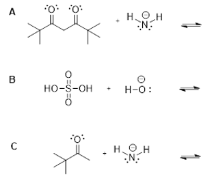 <p>Of the reactions below (A-C), how many total reactions will produce a conjugate base that has more than two resonance forms?</p><p>A) 1</p><p>B) 2</p><p>C) 3</p><p>D) none of them</p>