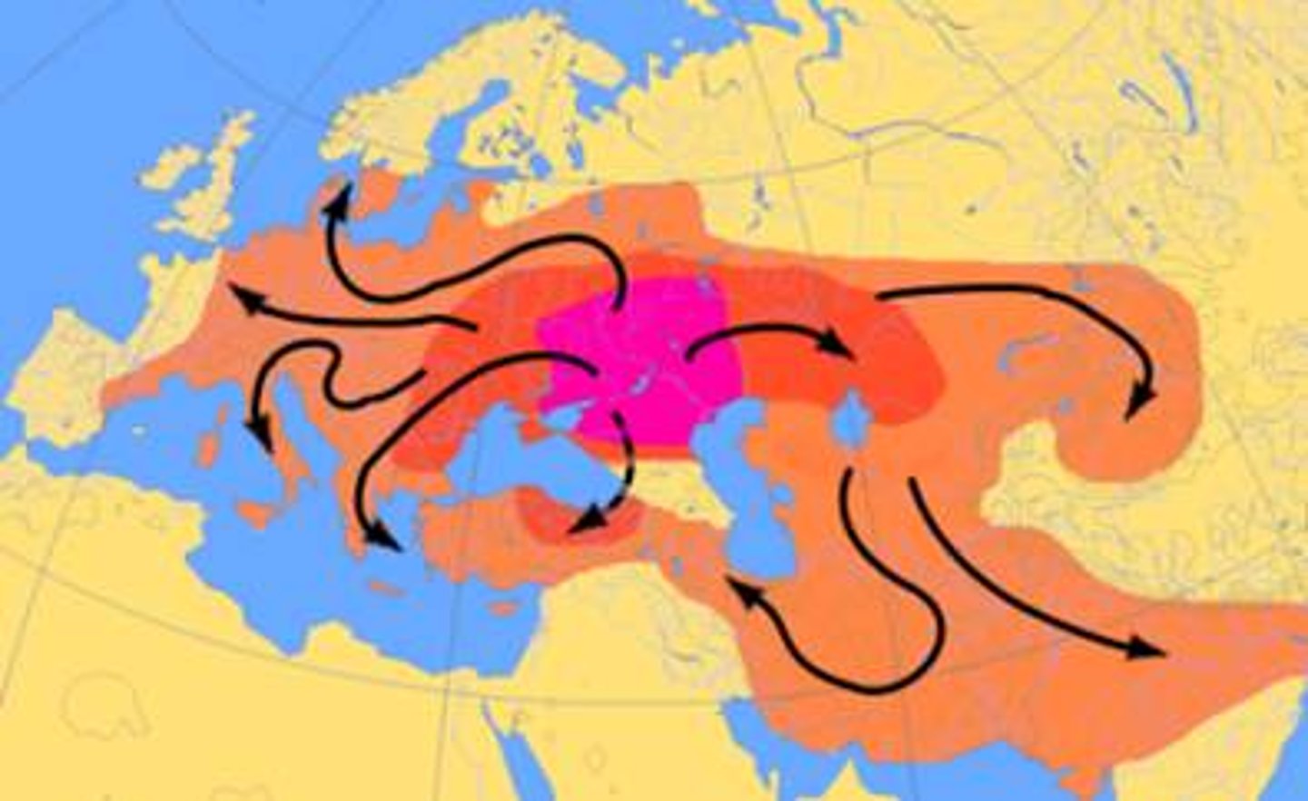 <p>Indo-European language first diffused from a hearth located in modern Russia/Ukraine around 1,000 B.C.E. by military conquest</p>