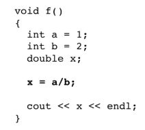 <p>(6 points) What does the following function print? Explain why it prints this value or you won't get any points. Rewrite the bold code (and only the bold code) so this function print 0.5</p>