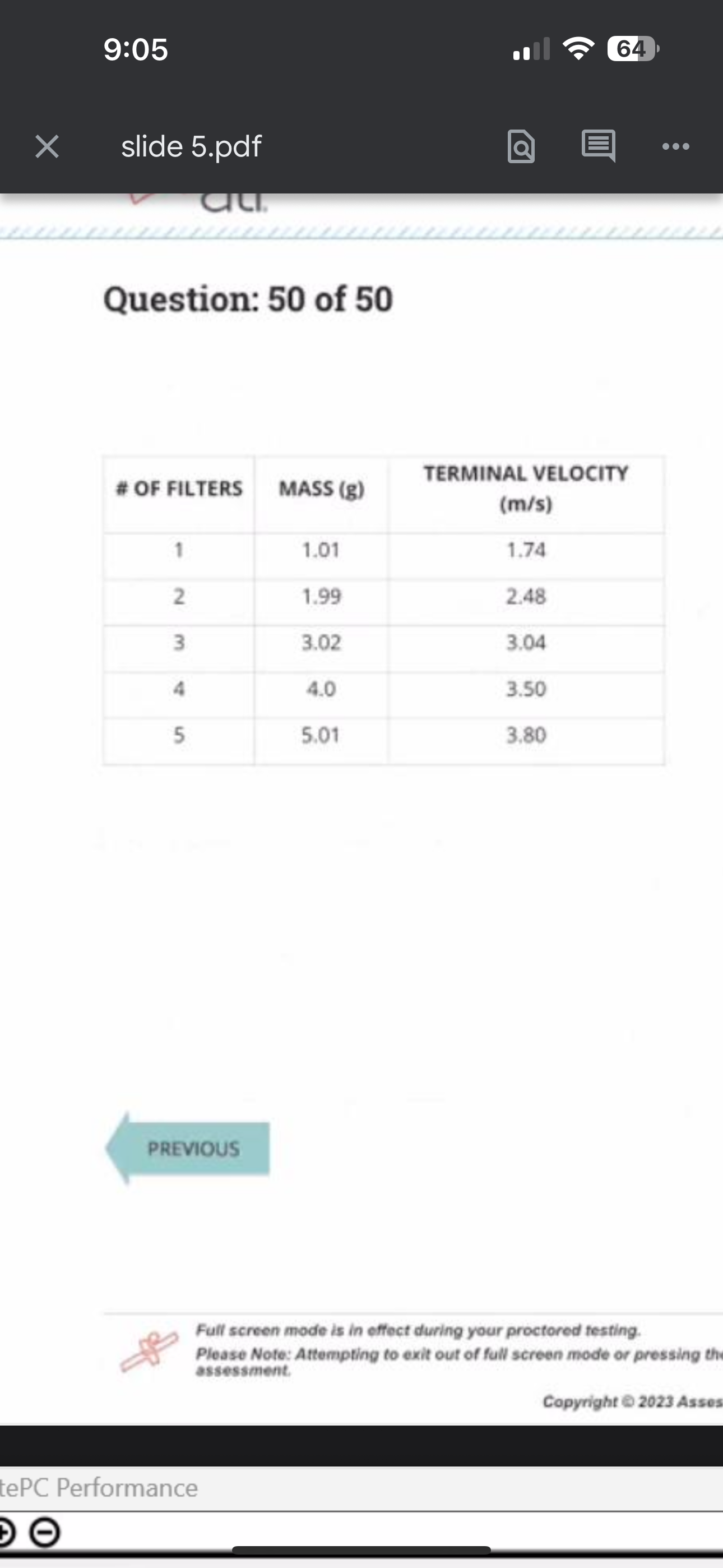 <p>A group of students perform an experiment to test terminal velocity, which is the greatest speed obtained by a falling object. The students dropped different numbers of coffee filters and measured the resulting terminal velocity. Which of the following conclusions is supported by the data in the following data table?</p>