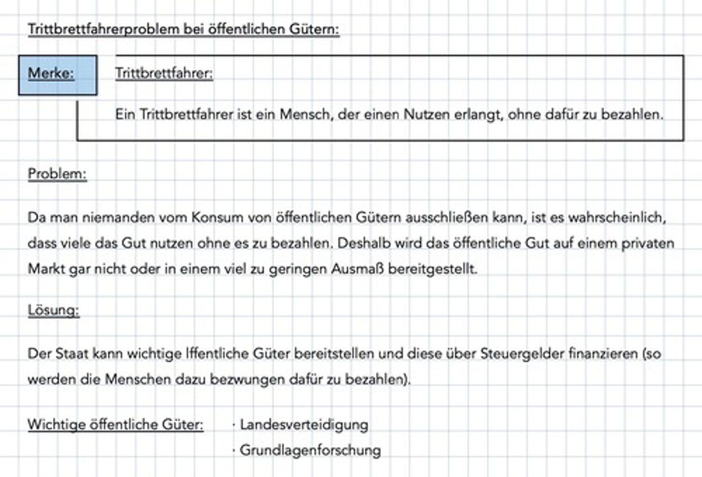 <p>Sie werden auf dem freien Markt nicht angeboten, weil sie konsumiert werden können, ohne dafür bezahlen zu müssen (Trittbrettfahrerproblem).</p>