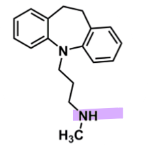 <ul><li><p>pharmacophore: dihydrodibenzoazepine</p></li><li><p>secondary amine&nbsp;</p><ul><li><p>makes it more selective to NET</p></li><li><p>better oral bioavailability and less ADEs</p></li><li><p>less lipophilic → less into CNS, why less ADEs&nbsp;</p></li></ul></li></ul><p></p>