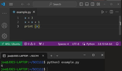 <p>Running a Python Script</p><ul><li><p>Simply put your code into a text file with a .py suffix</p></li><li><p>VS Code makes a good Python code editor too…</p></li><li><p>Then load that into the interpreter: python3</p></li><li><p>Note: There is no equivalent to main()</p></li><li><p>Note: There are no semi-colons…</p></li><li><p>Python uses newlines to terminate statements instead</p></li></ul><p></p>