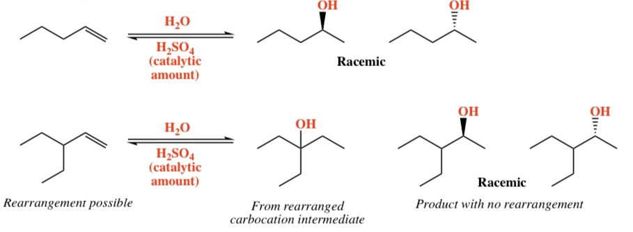 <p>Intermediate: Carbocation (rearrangement possible) Regiochemistry: Markovnikov (OH) Stereochemistry: Mixed</p>