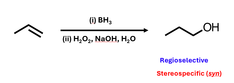 <p>Hydrates at the less substituted end of an alkene</p><ul><li><p>Referred to as “anti-Markovnikoff” addition</p></li><li><p>Markovnikoff’s Rule: “the hydrogen atom is added to the carbon with the greatest number of hydrogen atoms”</p></li></ul><p></p>
