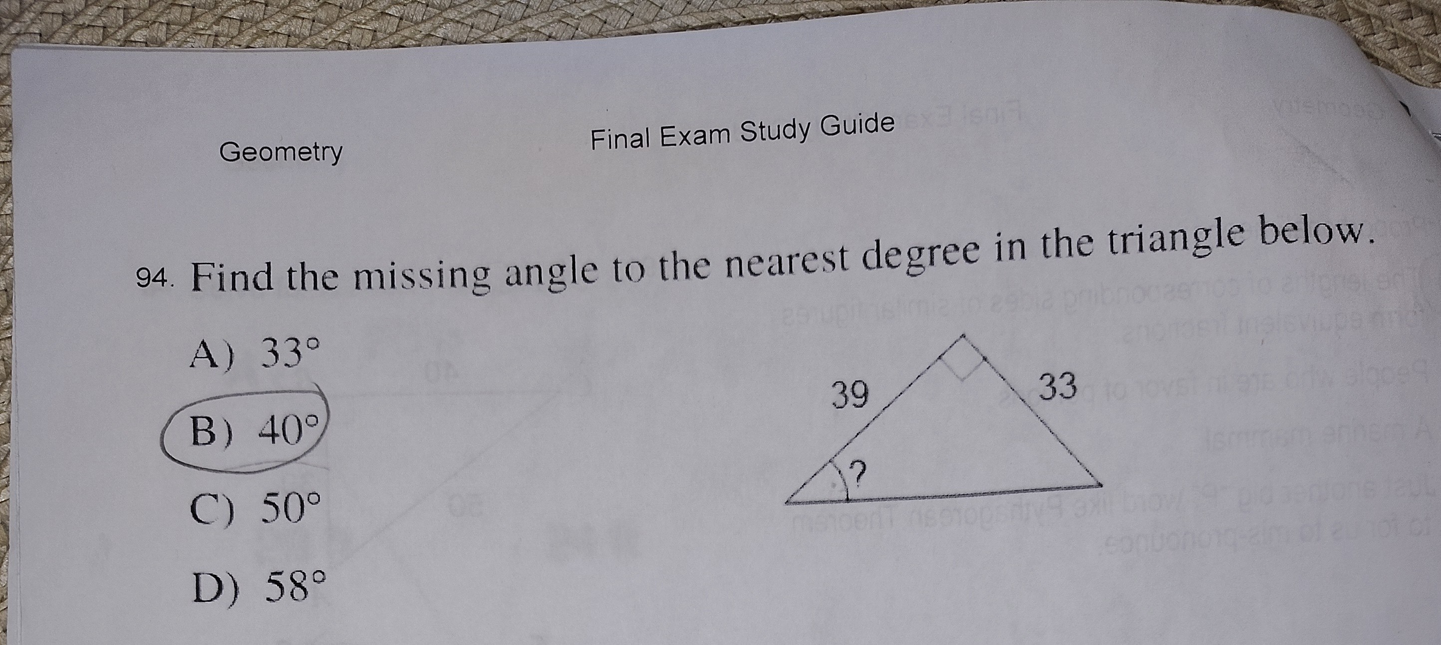 <p>Find the missing angle to the nearest degree in the triangle </p>