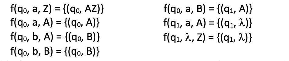 Dado el APV = ({a, b}, { Z, A, B}, {q0, q1}, Z, q0, f, Ø), con función de transición

Indique cuál de las siguientes expresiones no se corresponde con una regla de producción de la Gramática tipo 2 equivalente:


1. (q0Zq0) ::= a(q0A q0)( q0Zq0) | a(q0A q1)(q1Z q0)
2. S::= q0Zq0| q0Zq1
3. (q0Aq1) ::= a(q1A q0)( q0Zq0) | a(q1A q1)( q1Zq0)
4. (q1Zq1) ::= λ