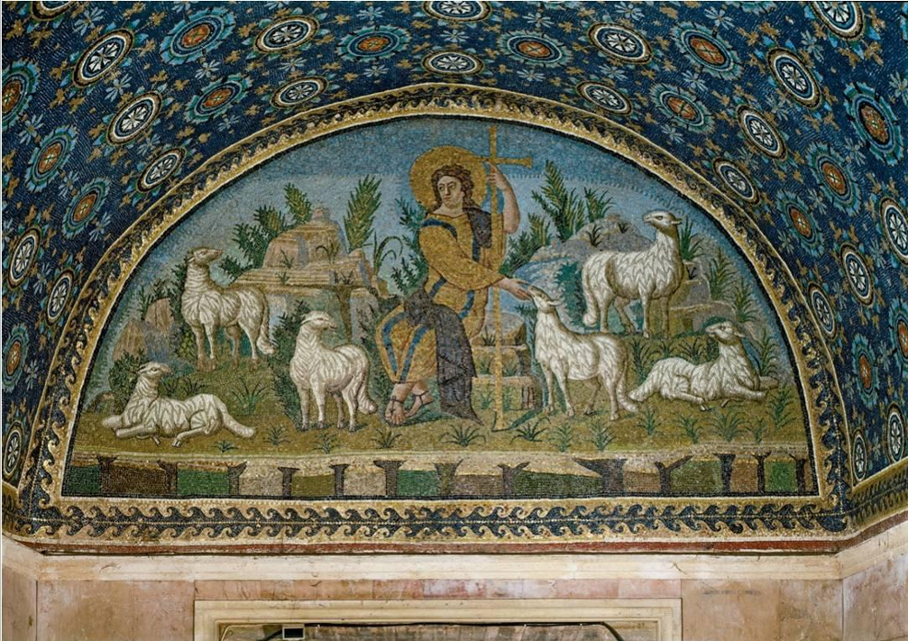 <ul><li><p>Shows Jesus siting with his flock</p></li><li><p>Jesus robed in purple and gold (gold= rich, purple= royalty), no beard</p></li></ul><p></p>