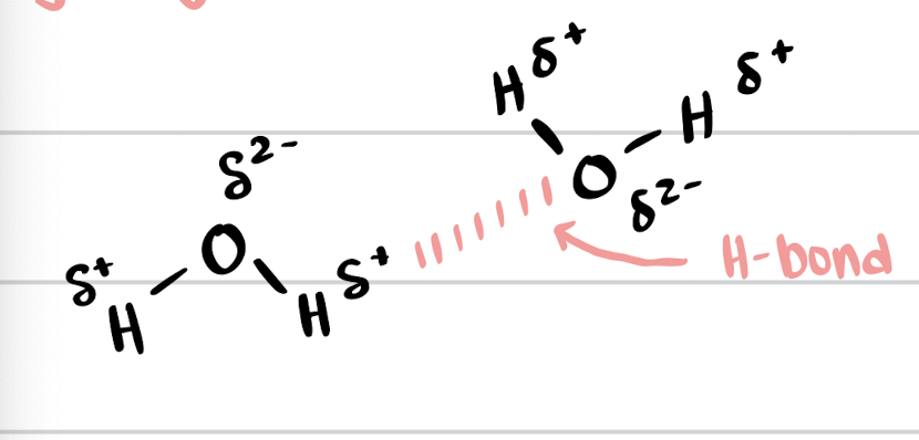 <p>attraction between partially positive H on one molecules and partially negative F,O,N on another molecule</p>