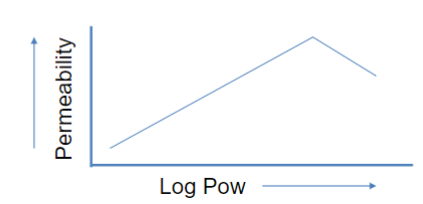 <ul><li><p>determined through partition coefficient (P<sub>ow</sub> or K<sub>ow</sub>)</p></li><li><p>P<sub>ow</sub> can be determined experimentally or in silico</p></li><li><p>Log P = log of octanol: water partition coefficient</p><ul><li><p>P<sub>ow</sub> at equilibrium</p></li><li><p>“drug-like” molecules have log P = 0.5 - 5</p></li><li><p>log P &gt; 5 leads to less permeability bc can’t pass through small water layer on membrane</p></li></ul></li><li><p>high K<sub>ow</sub> = high lipid solubility (good permeation across membranes)</p></li><li><p>low K<sub>ow </sub>= low lipid solubility (poor permeation across membranes)</p></li></ul>