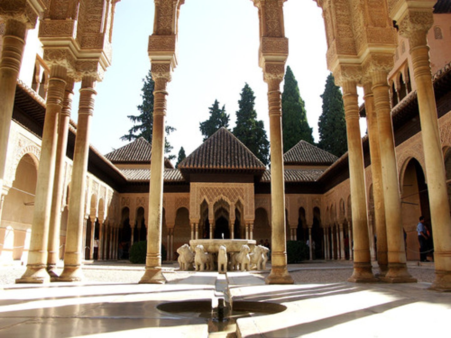 <p>Granada; 14th century; Nasrid; Palace</p><p>Became residential and semi-private; Water channels led to a central water fountain with 12 lions holding the fountain up (lions represented power and had a religious affiliation)</p><ul><li><p>meanings including sovereignty, water, and agriculture</p></li><li><p>quadrants were paved, possibly white marble or tiled</p></li><li><p>Stucco in the arches is not solid, but pierced</p></li><li><p>Two adjacent Halls: Hall of the Abencerrajes and Hall of the Two Sisters</p><ul><li><p><span>have basins from which water flows across the paved floor and steps down into the courtyard to run toward the central fountain</span></p></li><li><p>Vaults with dazzlingly starbursts of complex muqarnas</p></li></ul></li></ul><p></p>