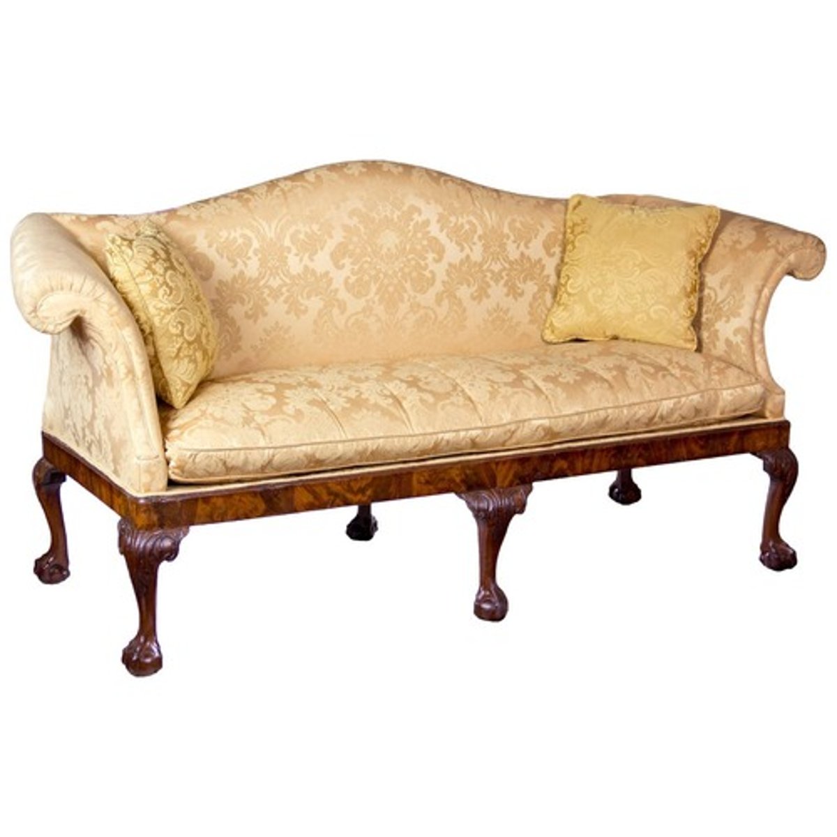 <p>upholstered sofa</p><p>hump in middle</p><p>scrolled arms</p><p>marlborough leg or cabriole w ball and claw foot</p>