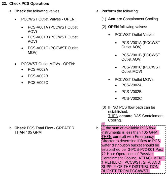 <p>After Manually actuating PCS, Opening all flowpath valves:<br>IF NO path can be established<br>Actuate DAS Containment Cooling</p><p>*So any SINGLE path will negate the need for DAS</p>