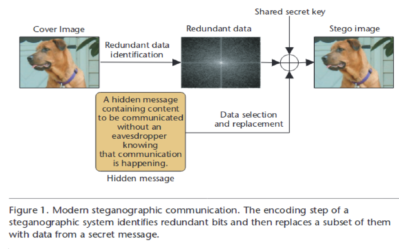 <p>Steganography is a Greek word meaning to hide or cover text or writing. </p><p>“Methods of hiding the existence of a message or other data. This is different than cryptography, which hides the meaning of a message but does not hide the message itself.”</p>
