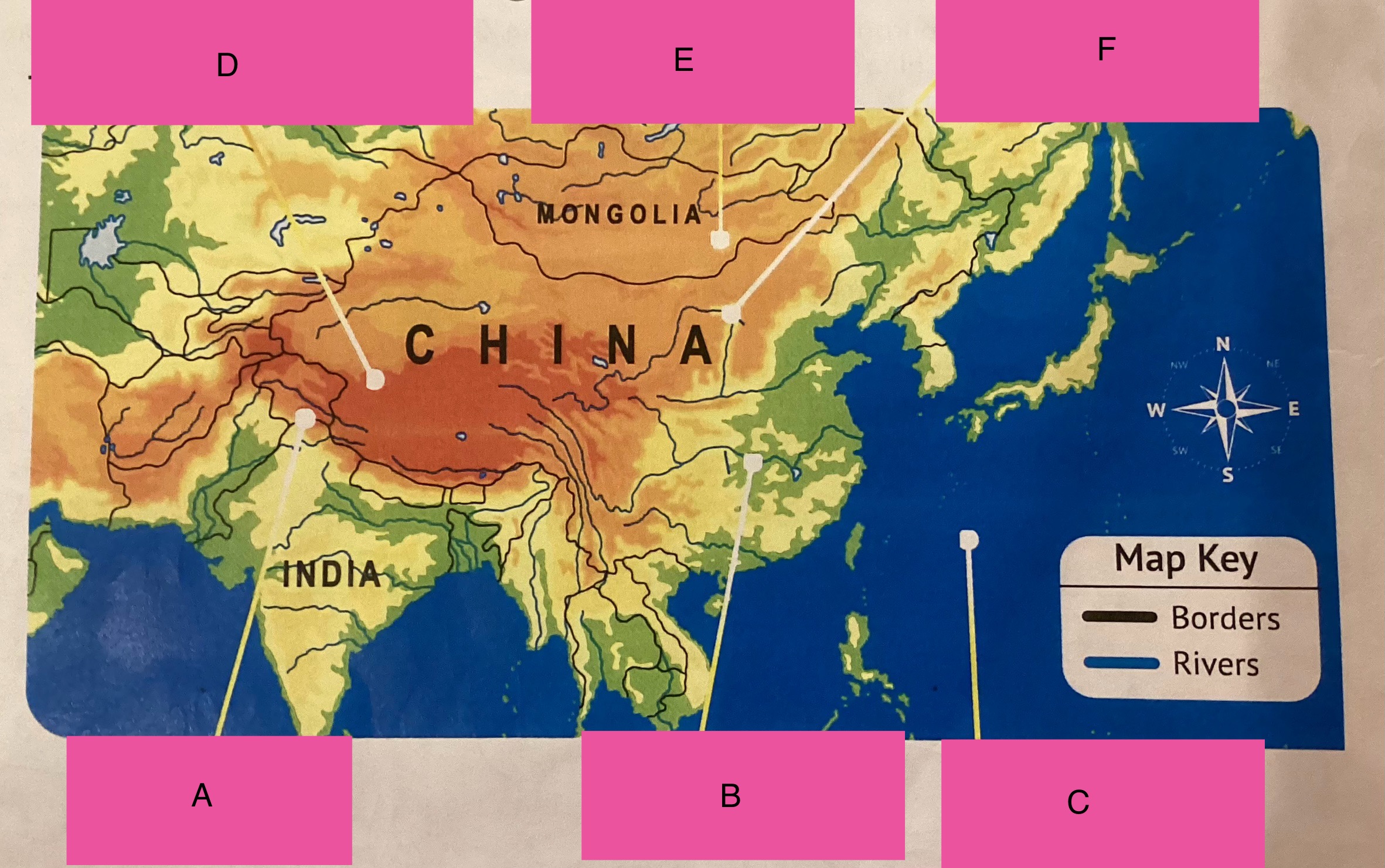 <p>Label each geographic feature on the map of Ancient China</p>