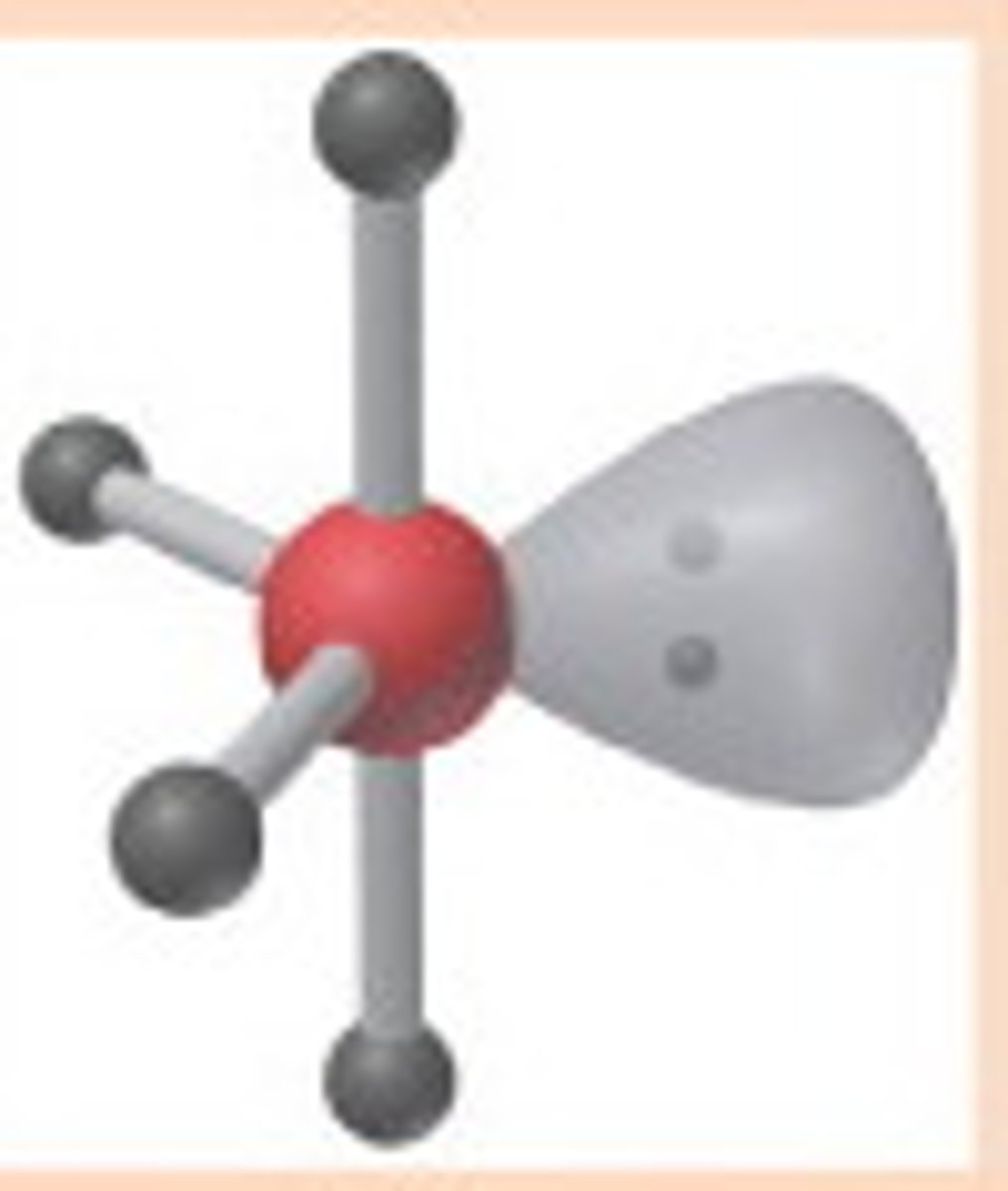 <p>5 electron domains</p><p>axial &gt;90 degrees</p><p>equatorial &gt;120 degrees</p><p>1 lone pair</p><p>4 BPs</p>