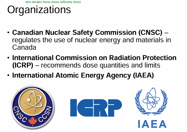 <p><span style="color: yellow"><strong>1) Canadian nculear safety commission (CNSC)</strong></span><br>-regulates use of nuclear energy/materials</p><p></p><p><span style="color: yellow"><strong>2) International commison on radiation protection (ICRP)</strong></span><br>- recommend dose quantities/limits</p><p></p><p><span style="color: yellow"><strong>3) International atomic energy agency (IAEA)</strong></span></p>