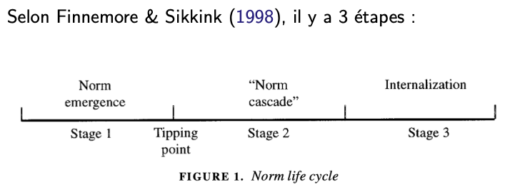 <ol><li><p>Normes émergence</p><p>→ tipping point</p></li><li><p>“Norme cascade”</p></li><li><p>Internationalisation de la norme</p></li></ol>