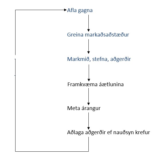 Markaðsáætlanaferlið:
- Samantekt
- Núverandi markaðsaðstæður
- Viðfangsefni, markmið
- Stefna, STP-marketing
- Framkvæmd, útfærlsa
- Fjárhagsleg áhrif
- Eftirlit með árangri