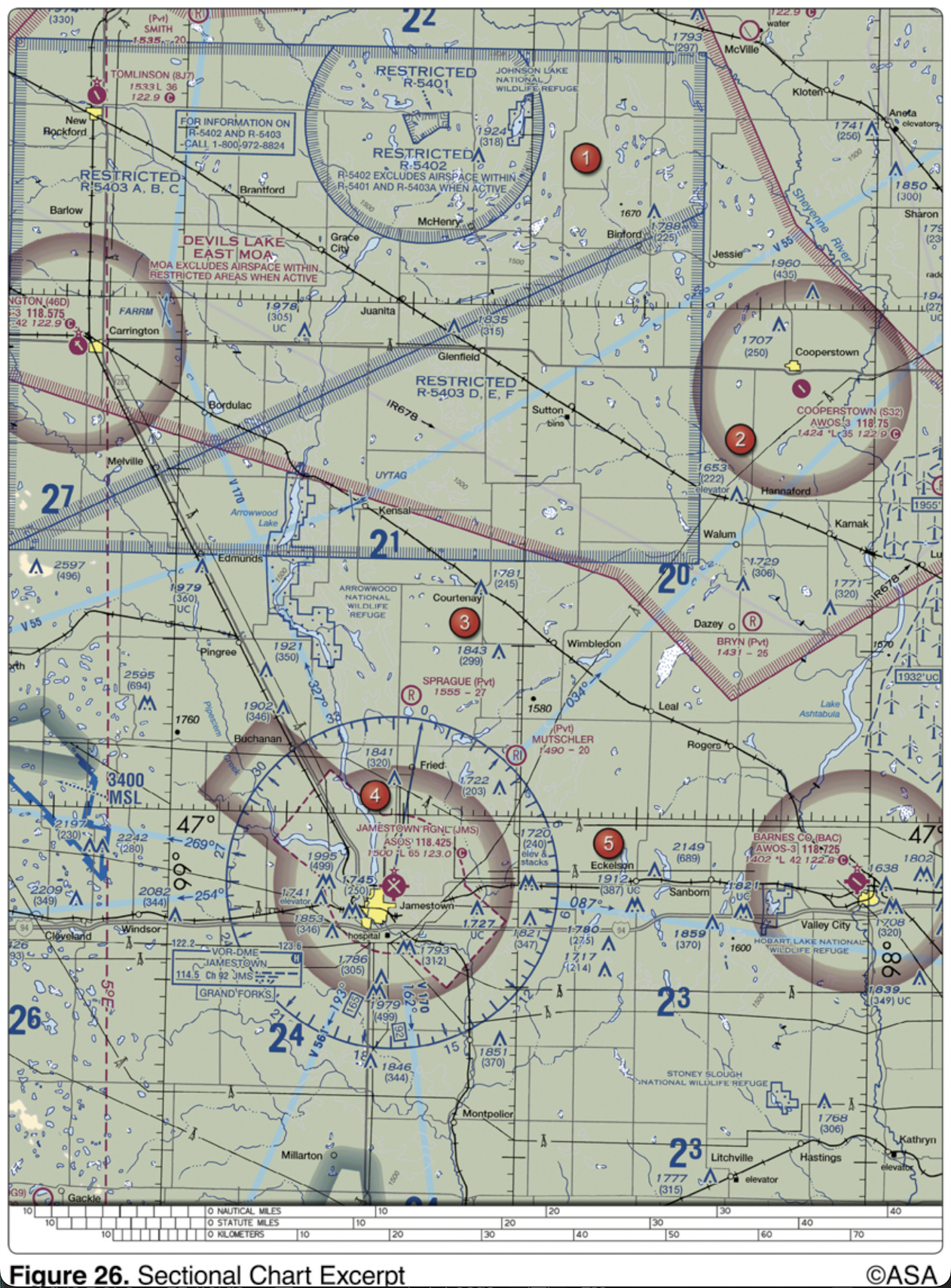 <p>(Refer to Figure 26, area 2.) What is the approximate latitude and longitude of Cooperstown Airport?</p>