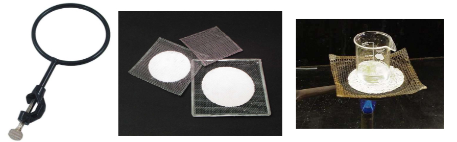 <p>Ring Supports are used to support beakers on a stand while being placed over an open flame.</p><p>Wire Gauze are placed over ring stands so that beakers can be placed over them &amp; heated. (See photo far right)</p>