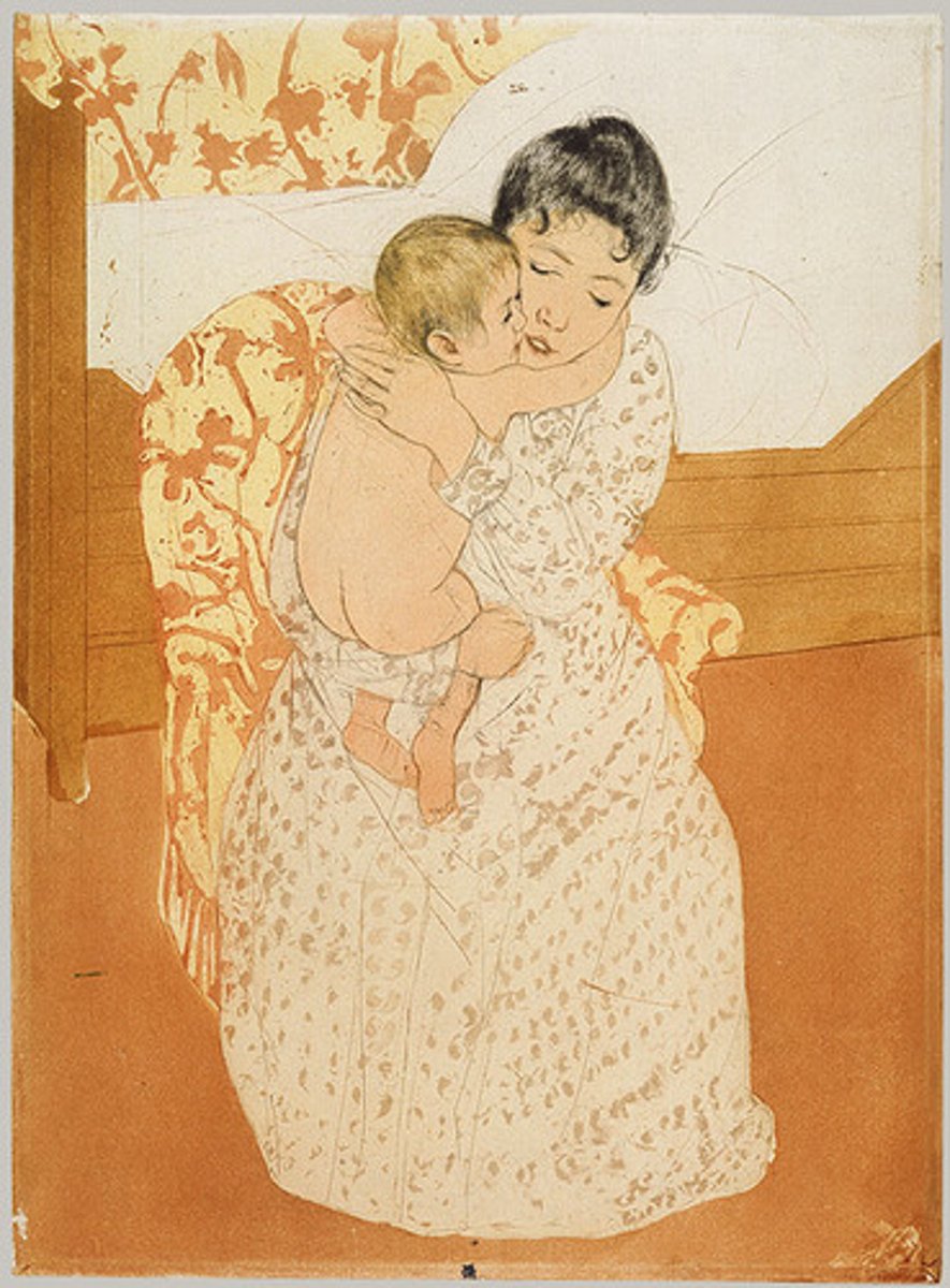 <p><span>Impressionism</span></p><p>Similar to the mother and child</p><p>This is a print</p><p>Well-known print maker</p><p>American artist but works in Paris</p><p>The kid looks 3D due to the line, and the other looks 2d without the line</p><p>Trying to show how pattern and color change how we see things</p><p>The shape gets messed up due to the pattern chaining</p>