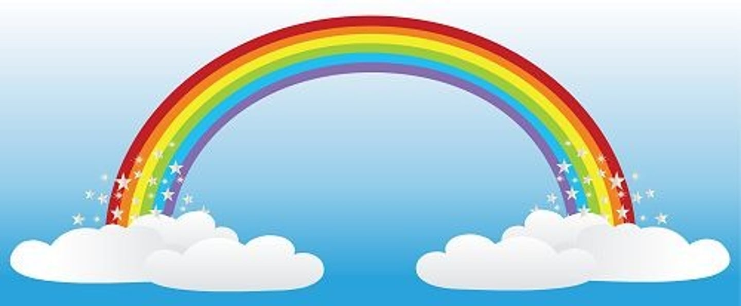 <p>A colored arc in the sky caused by sunlight and rain.</p>