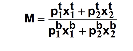 <p>Current price of commodity 1 x current quantity of commodity 1 + current price of commodity 2 x current quantity of commodity 2</p><p>over</p><p><span>Base price of commodity 1 x base quantity of commodity 1 </span>+ <span>Base price of commodity 2 x base quantity of commodity 2</span></p>