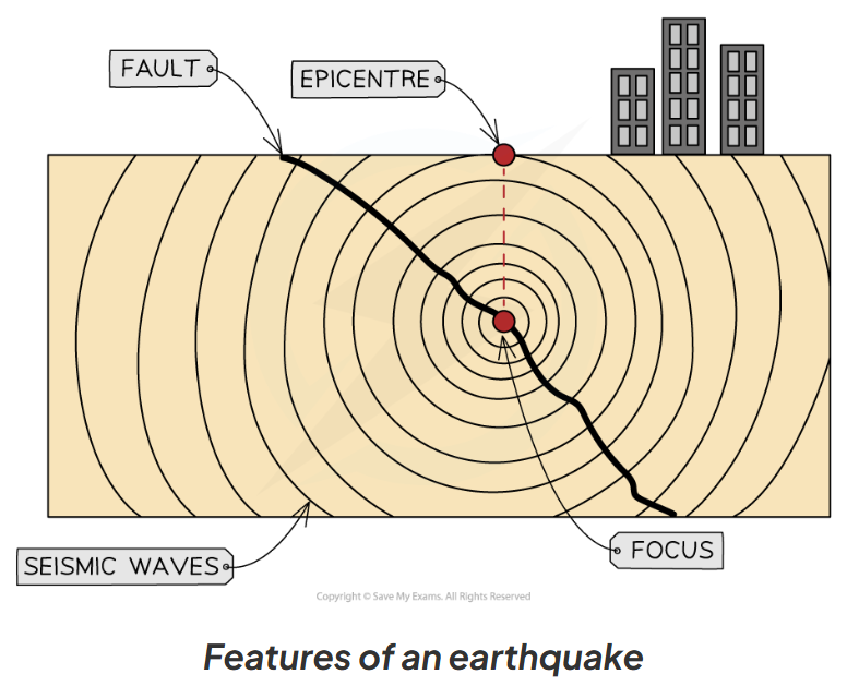 <p>Describe the <strong>sequence </strong>of an earthquake and <em>define the </em><strong><em>focus </em></strong><em>and </em><strong><em>epicentre</em></strong>.</p>