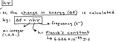 <p>in the early 1900’s, Max Planck discovered that matter cannot absorb or emit any amount of energy. Instead,he postulated that energy can only be gained or lost in whole-number mulitpies of the quanitiy</p><p>because energy is transferred (absorbed or emitted) in these finite quantites, or “packets of energy”, the energy is said to be quantized (only occurs in discrete units of size)</p>