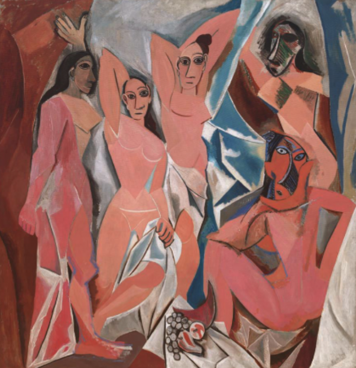 <p>media: oil on canvas</p><p>@: MET</p><p>subject: women in brothel facing us in very confrontational way, fractured space and different angles of their bodies in geometrical angles, simplified faical features with mask like figures. jagged forms and confrontation face is threatening</p><p>subdued color, women pinkish in form, can’t read the space, still life in foreground </p><p>announced Picasso’s cubism</p>