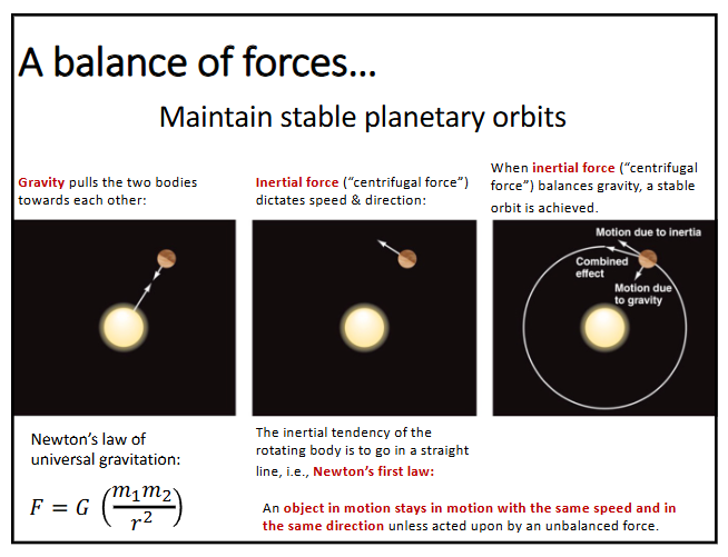 <p>-gravity pulls the two bodies towards each other</p><p>-inertial force dictates speed and direction</p><p>-when inertial force balances gravity, a stable orbit is achieved</p>
