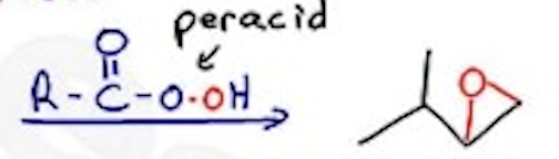 <p>Peracid —- syn (mCPBA is often used)</p>
