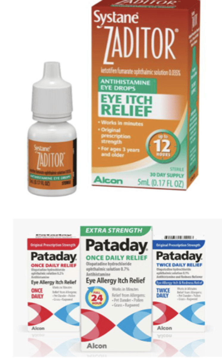 <p>- allergic conjunctivitis</p><p>(first line tx is artificial tears to flush allergens out)</p><p>ex: zaditor, pataday</p>