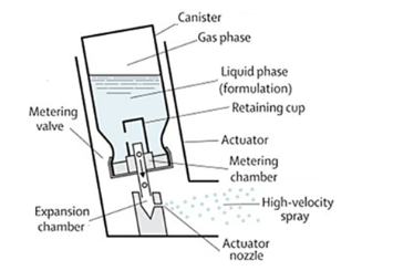 <p>polyethylene or polypropylene, dimentios of orifice and the propellant vapour pressure determine the shape and speed of emitted aerosol cloud so determined theraputic doses&nbsp;</p>