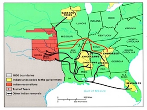 <p>The two routes depicted in the map above, on which Southeastern Indian Tribes including the Cherokee were forced to travel as a result of the Indian Removal Act of 1830. What is the colloquial name for this event?</p>