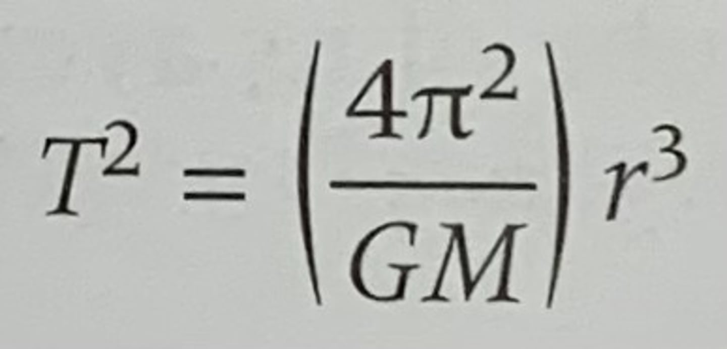 <p>the square of the periods is directly proportional to the cube of their distance from the sun. Mathematically T^2 is proportional to r^3. Therefore:</p><p>T^2 = r^3</p><p>Hence:</p><p>T^2/r^3= k (Kepler's constant)</p><p>Kepler's constant can be found using Fg=Fc and rearrange the equations such that</p><p>T^2/r^3= 4pi^2/GM</p>