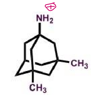 <ul><li><p>pharmacophore: adamantane&nbsp;</p><ul><li><p>lipophilic → gets drug into brain&nbsp;</p></li></ul></li><li><p>primary amine protonated for ionic interactions with receptor&nbsp;</p><ul><li><p>if change to secondary or tertiary amine decrease activity&nbsp;</p></li></ul></li><li><p>reversible&nbsp;</p></li></ul><p></p>