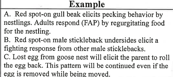 <p>A sequence of behaviors that <strong>doesn’t change</strong> and once initiated by a <strong>sign stimulus </strong>or <strong>releaser, </strong>is always completed the same way. </p><p></p><p>The more prominent the stimulus, the greater the response. </p><p></p><p></p>