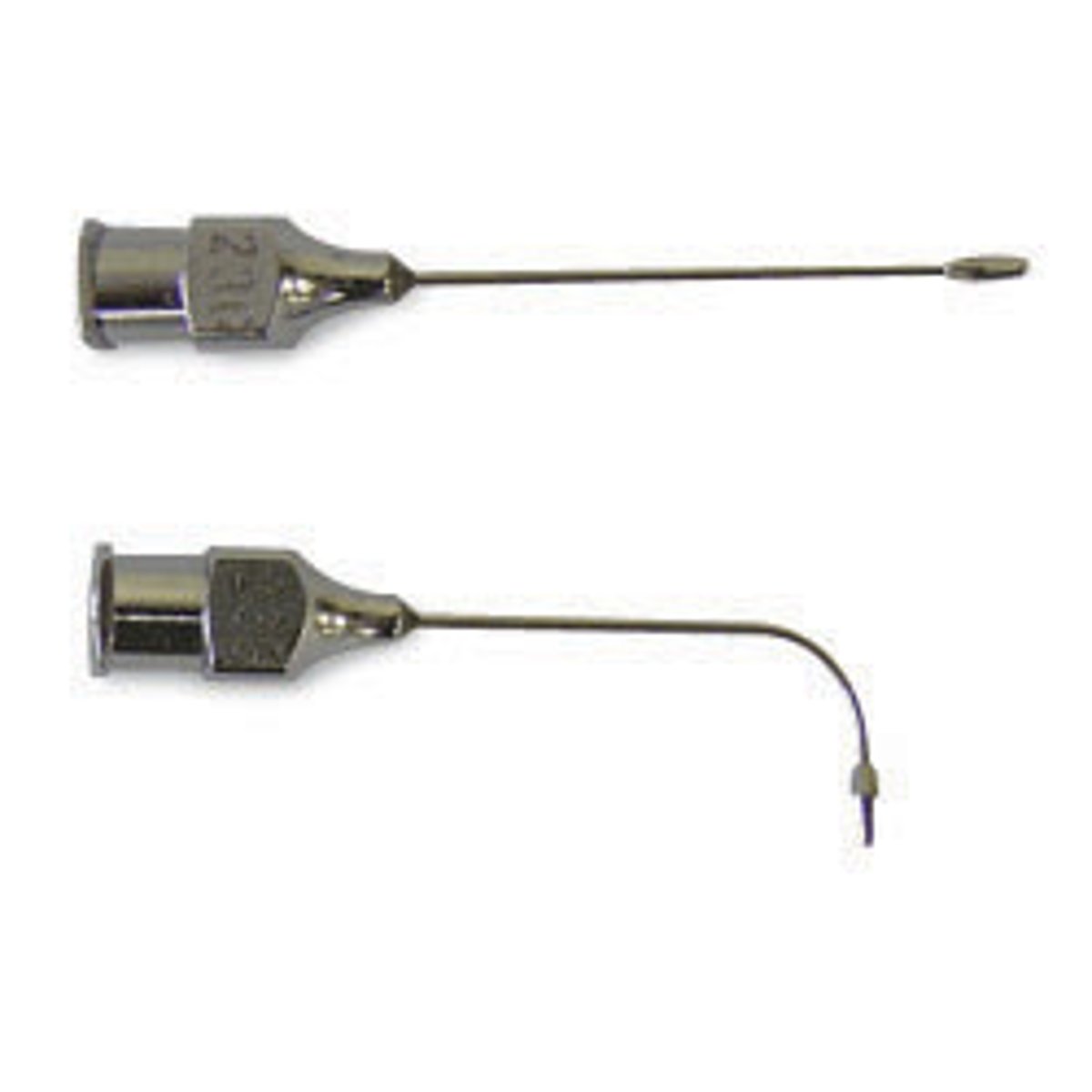 <p>Straight or curved- used to flush lacrimal ducts. One end is adapted to accept a syringe and the other end is bumb/blunt shaped</p>