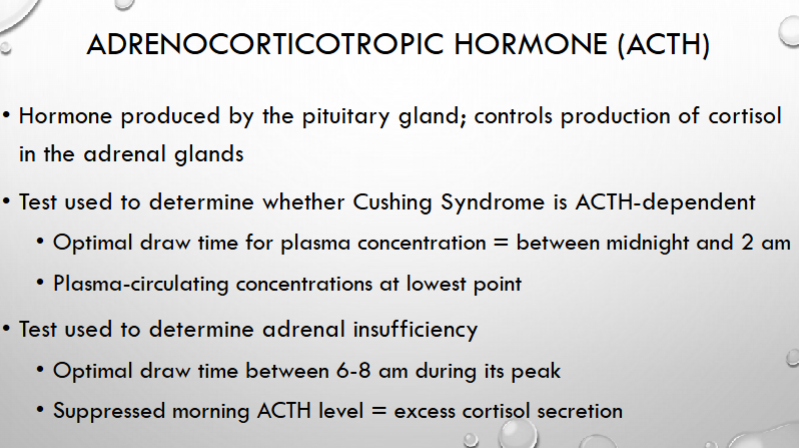 <p>at lowest 12-2 so should be low not high; hence for cushings syndrome</p><p>at highest 6-8 so you should be testing the adrenal gland is working properly</p>